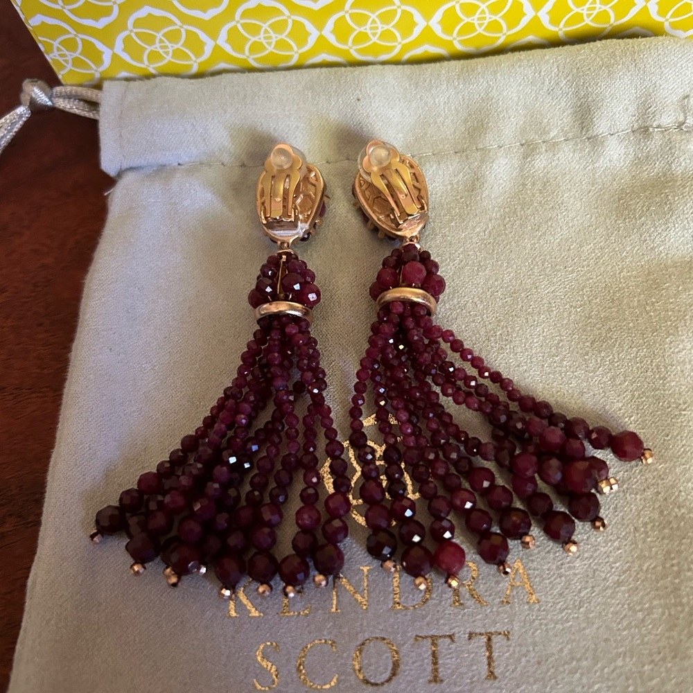 Kendra Scott Gold and Burgundy Red Beaded Clip on Tassel Earrings - Picture 3 of 5